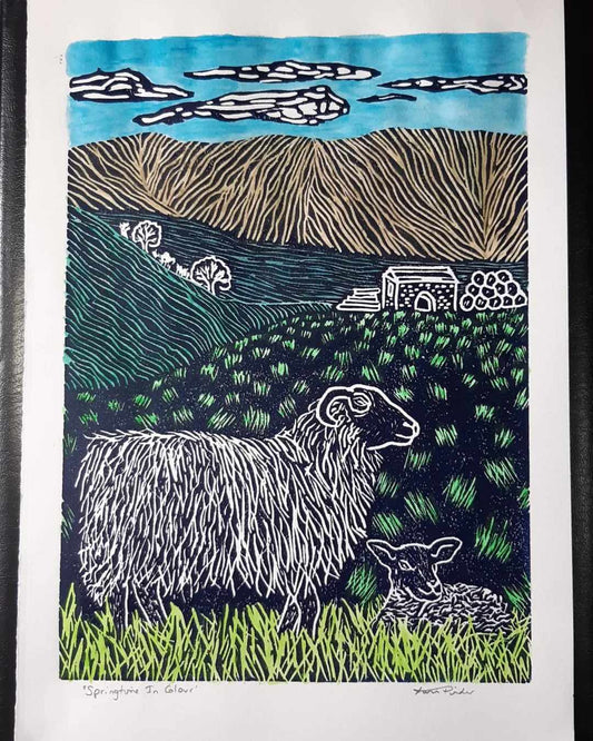 Springtime In Colour Lino Print and Watercolour Original Signed Coloured